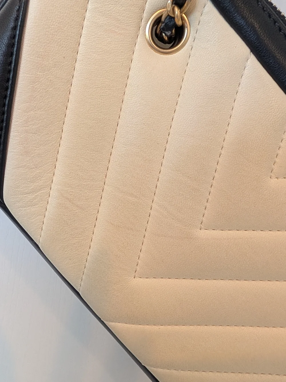Chanel Lambskin Chevron Quilted Camera Bag In Beige And Black
